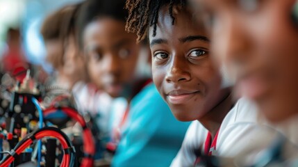 A cheerful boy with friends works on a science project, smiling and engaging, demonstrating teamwork and enthusiasm in a collaborative and educational setting.