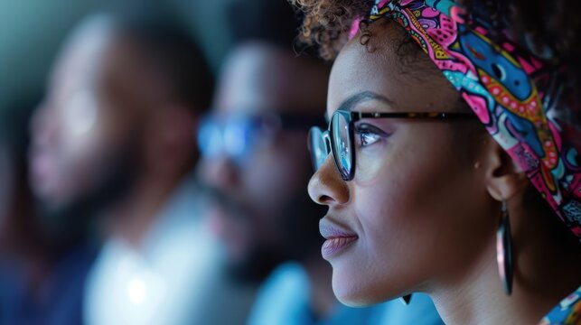 An animated group of adults deeply immersed in watching something engaging, each showing a mix of emotions and interest, signifying a shared learning experience.