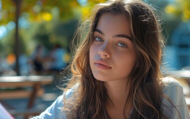Fototapeta premium A young woman with long brown hair is sitting outdoors on a sunny day. She is wearing a white shirt