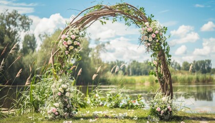 Outdoor wedding ceremony in a garden with a floral arch made of live flowers and natural materials
