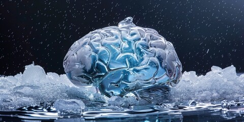 Cryonics and the Pursuit of Eternal Life: A Detailed Illustration of a Frozen Brain Encased in Ice for Future Revival