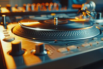 Professional DJ equipment on display at a party Close up of turntable and mixer