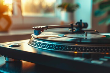 Naklejka premium Professional vinyl DJ setup with trendy hipster styling perfect for party poster
