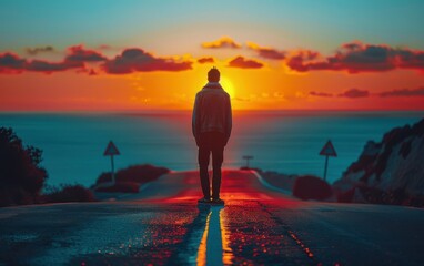 A lone man stands on a road looking out at a vibrant sunset over the ocean
