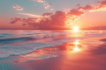 A beach, sunrise with gentle waves, soft sand, and beauty of nature. Generative AI