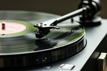 Record player with tonearm on vinyl record in close up