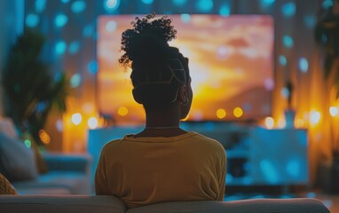Fototapeta premium A woman sits on a couch and watches television in a dimly lit room