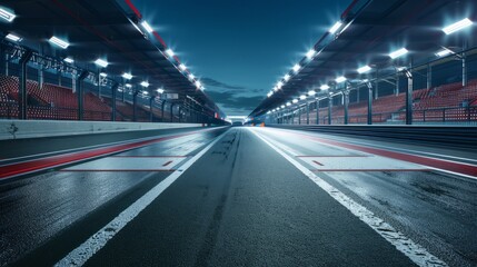 High-speed international racetrack featuring grandstands and lights Arena empty. 