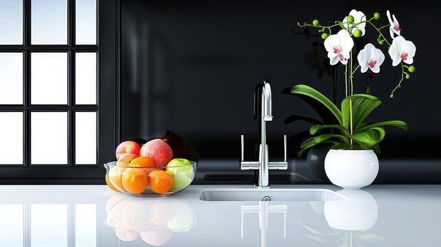 Modern kitchen with a sleek black backsplash, fresh fruit under the tap, and an elegant orchid in a white pot on a glossy countertop.