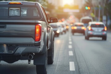 Gray pick up truck parked on asphalt road with traffic and sun glare cars passing by
