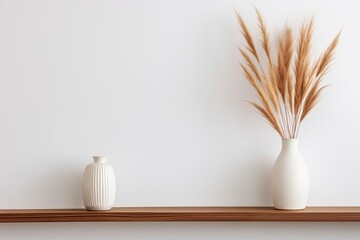 Interior design of a living room featuring a wooden shelf. Wall decor includes pampas grass in a decorative vase