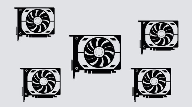 Animation of a simple black video cards icon on a light colored background, spinning fans