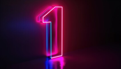 The image depicts a glowing neon number one on a dark reflective surface, featuring vibrant pink and blue hues, ideal for contemporary and vibrant design projects.