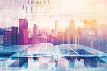 Obraz premium Dynamic Double Exposure Image: Documents and Charts Overlaying a Cityscape, Symbolizing the Intersection of Business Analytics and Urban Development
