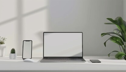 A minimalistic and clean workspace setup featuring a sleek laptop, smartphone, white mouse, and green plant on a white desk under soft sunlight.