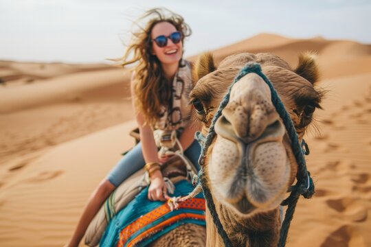 Happy people are enjoying camel rides in the desert