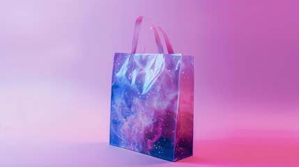 A shopping bag with a galaxy print on a light purple background