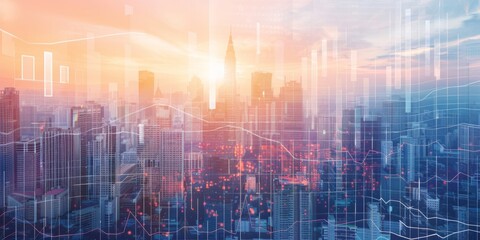 Fototapeta premium Dynamic Double Exposure Image: Documents and Charts Overlaying a Cityscape, Symbolizing the Intersection of Business Analytics and Urban Development