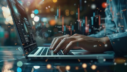 This image shows a person typing on a laptop, with an overlay of data charts and bokeh lights in the background, symbolizing the intersection of technology, data analytics, and modern computing.