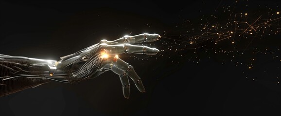 A highly detailed robotic hand reaching out, emitting a sparkling trail, symbolizing technological advancement and innovation in a modern dark setting full of futuristic elements.