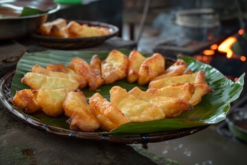 Legendary traditional snack fried cassava served on banana leaf with tea or coffee