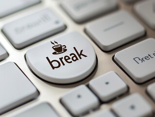 A close-up of a keyboard with a specially highlighted button labeled 'break' which features an icon of a coffee cup, symbolizing a break time suggestion.