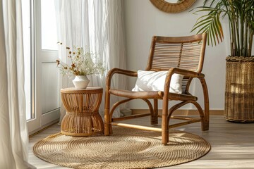 Light room with wooden furniture and wicker rug