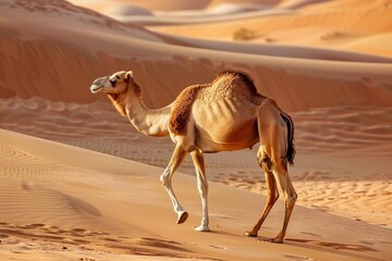 Lonely young Arabian camel walking in Dubai desert Middle East travel idea