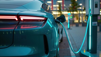 A modern electric car is plugged into a charging station in an urban area during evening hours, showcasing the advancement in electric vehicles and infrastructure.