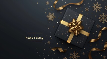 Black Friday gift box with ribbon on dark background, black Friday concept.