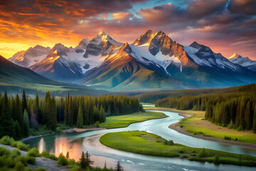 Fototapeta premium Breathtaking Mountain Range at Sunrise. Snow-Capped Peaks and Vibrant Sky.