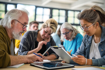 Obraz premium A group of people are sitting around a table, some of them writing on paper
