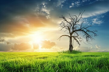 Fototapeta premium Metaphor for global warming Dead tree pollution and green grass under sunny skies symbolize climate change