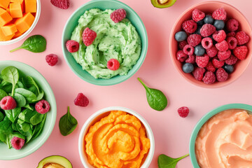 festive arrangement of baby food selections in colorful bowls with fresh ingredients