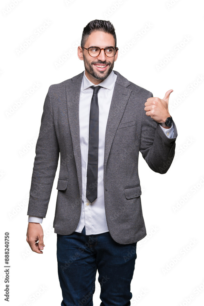 Sticker young handsome business man over isolated background smiling with happy face looking and pointing to