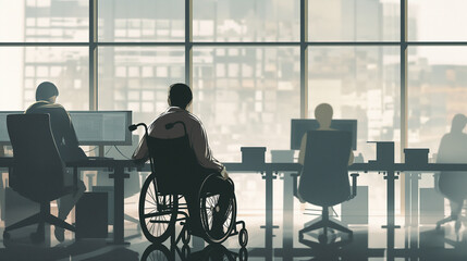 A wheelchair user in an office setting, with blurred workers and desks in the background, symbolizing the spellbinding scene of work life
