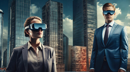 Fototapeta premium A man and woman in business attire stand side-by-side, both wearing VR headsets, girl