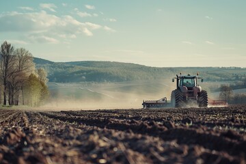 Fototapeta premium Spring field being plowed by tractor