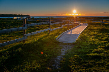 Boardwalk through flood meadows to the seashore. Sunset on the Baltic Sea. Hiking trail in Paljassaare, Tallinn,  Estonia.