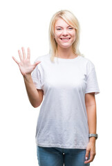 Fototapeta premium Young beautiful blonde woman wearing white t-shirt over isolated background showing and pointing up with fingers number five while smiling confident and happy.