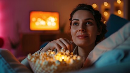 A woman sitting comfortably on a couch, watching TV and eating popcorn