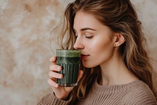 Unidentifiable person consuming green algae powder drink on neutral background Vegan superfood detox option