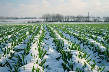 Fototapeta premium Winter cereals in snow covered Russian field with green shoots photographed in late November countryside