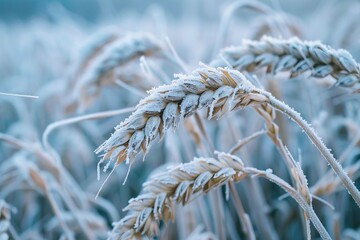 Winter wheat or rye covered in ice and frost close up of grass on field winter yield