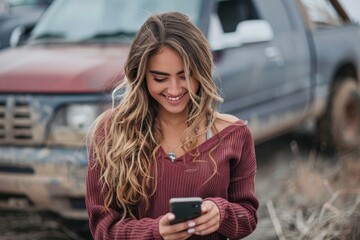 Young woman smiling and texting after tow truck quickly arrived for her broken car