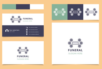 Funeral home business card design featuring a coffin surrounded by flowers