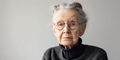 Portrait of elderly woman with glasses, gray hair, serious expression, wearing black sweater, soft lighting, neutral background, senior citizen concept