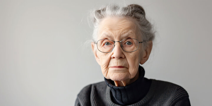 Portrait of elderly woman with glasses, gray hair, serious expression, wearing black sweater, soft lighting, neutral background, senior citizen concept - Powered by Adobe