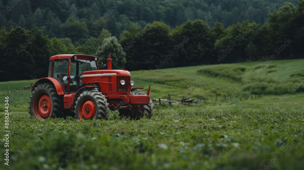 Poster a red tractor is in a field of grass