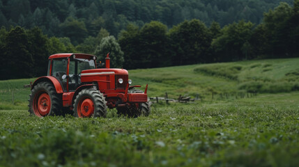A red tractor is in a field of grass